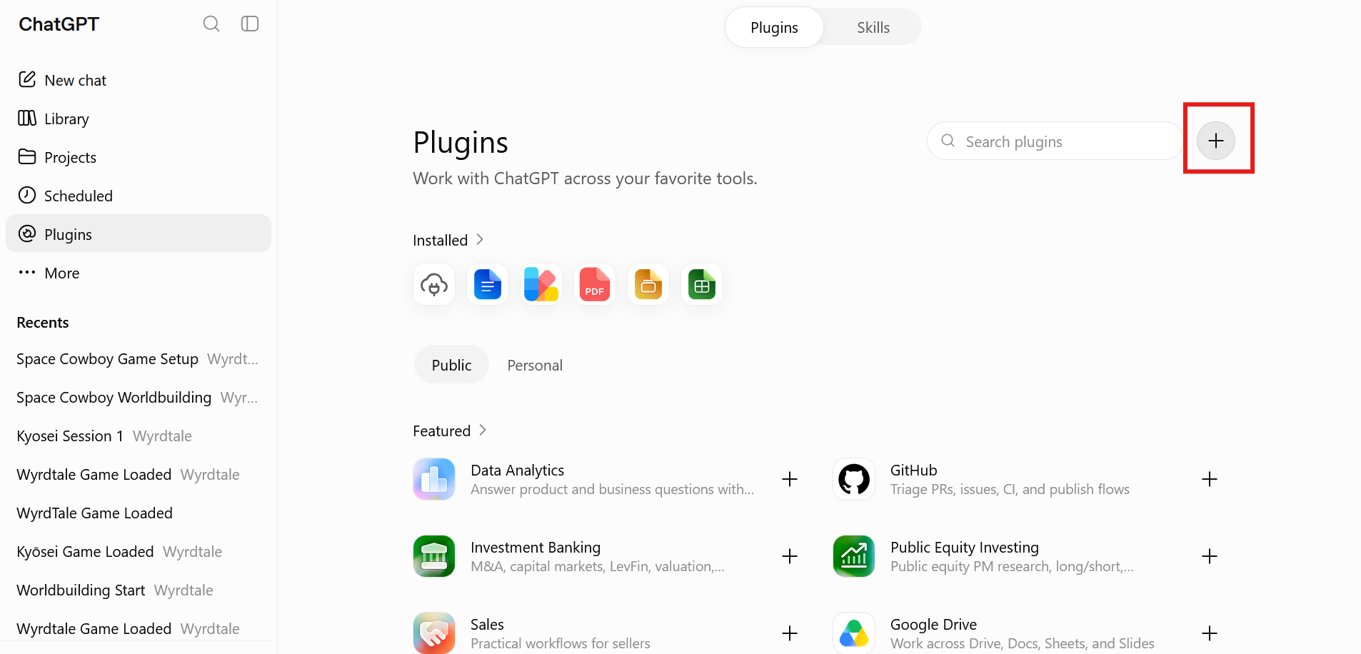 ChatGPT Plugins page with the plus button beside Search plugins highlighted
