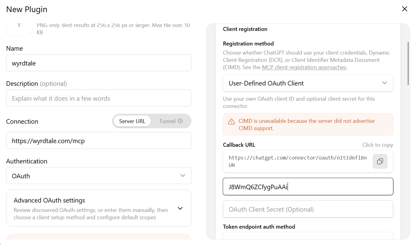 ChatGPT New Plugin form configured with the WyrdTale server URL, OAuth, and a user-defined OAuth client